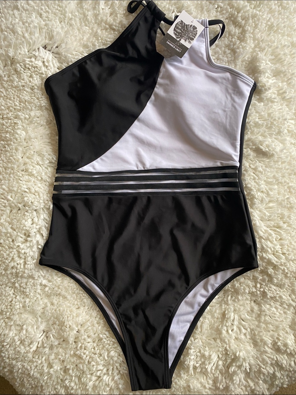 Women's Black & White One-Shoulder Swim Coverup Bodysuit